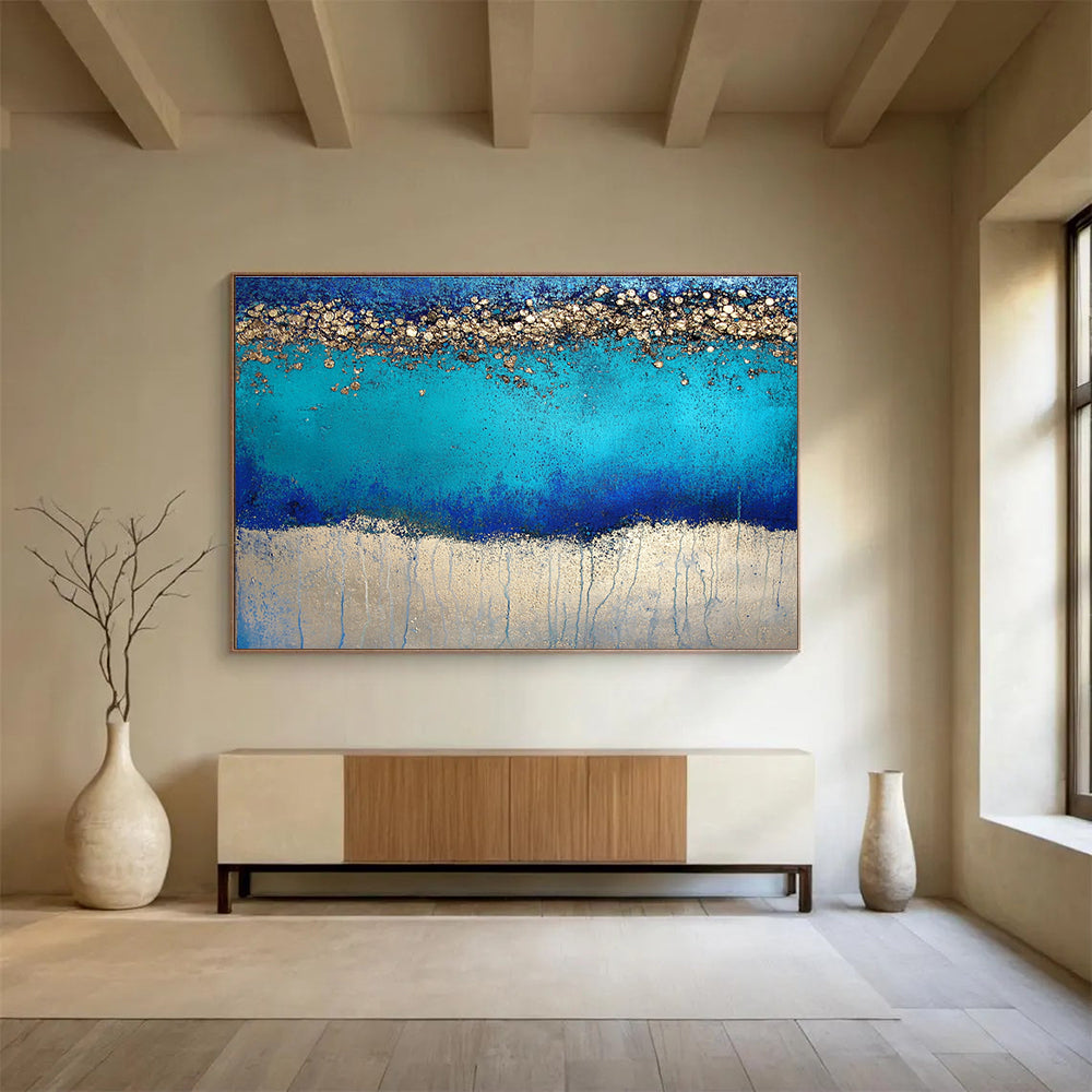 Modern Art Abstract Paintings with Blue, Turquoise and Gold Colors, Textured Abstract Theme WB324