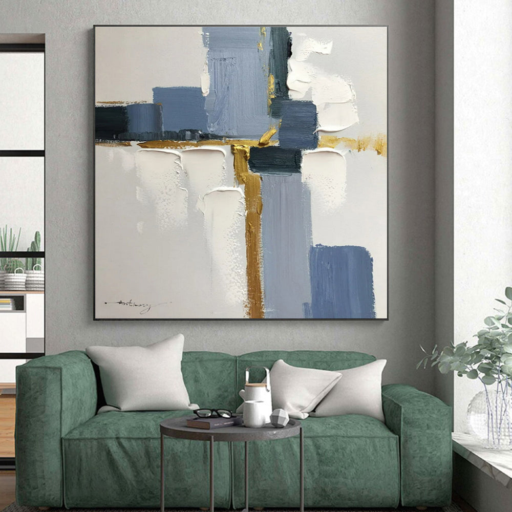Hand Painted Art Geometric Blues, Whites, and Gold Abstract Art HS588