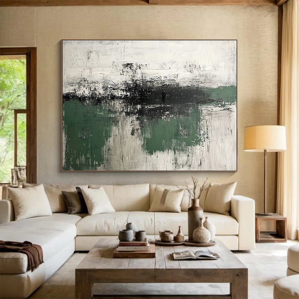 Oversized Canvas Art Green, Gray, and White Abstract Landscape - Acrylic Painting WB283