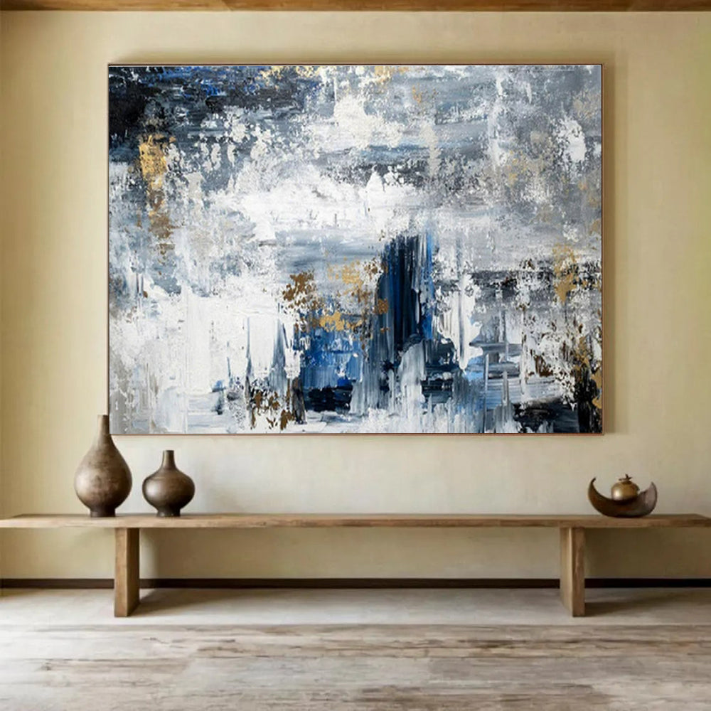 Blue, White, Gold Abstract Splash Art For Sale WB372