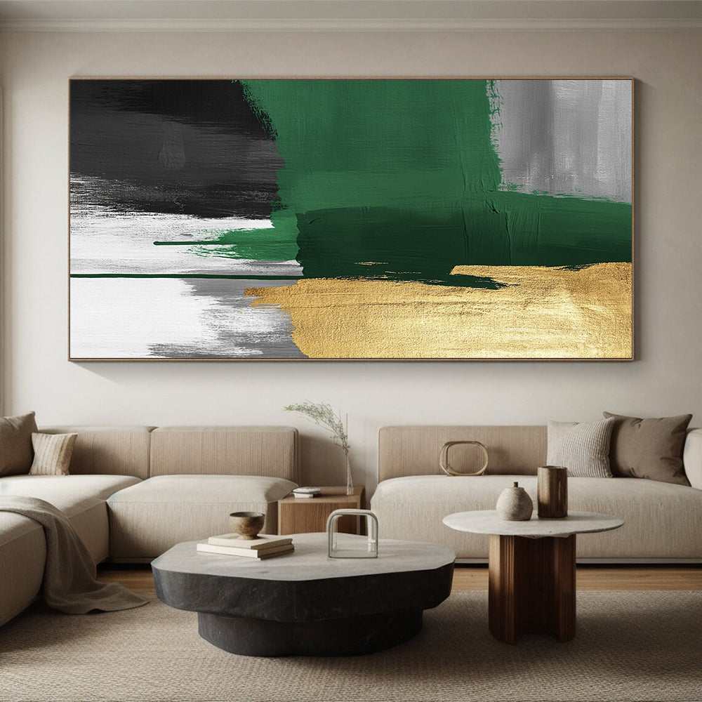 Handmade Art Green, Gold, and Gray Abstract Expressionist Art HS197
