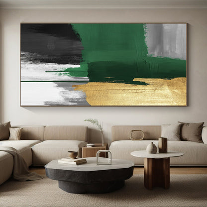 Handmade Art Green, Gold, and Gray Abstract Expressionist Art HS197