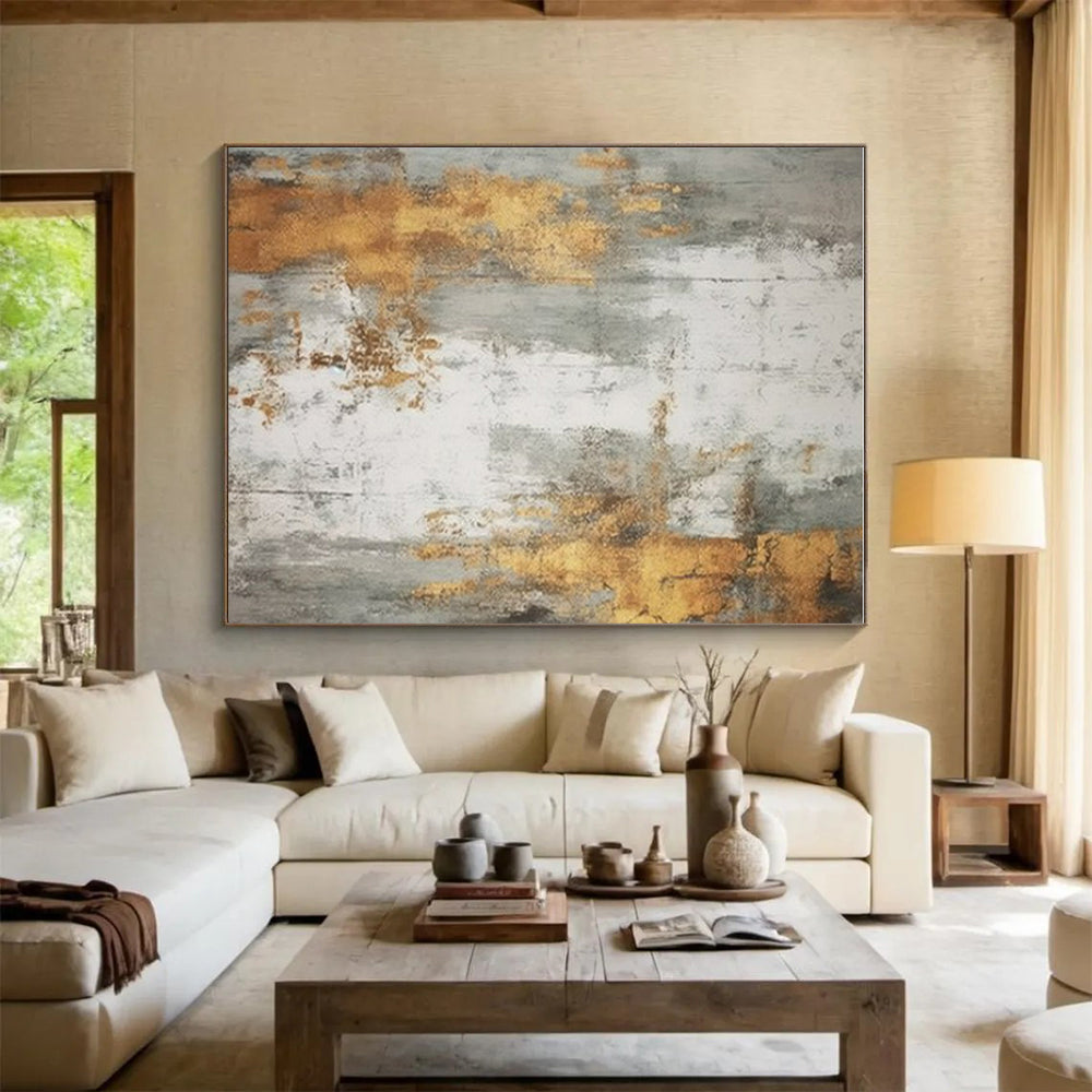 Unique Abstract Art Gold, Gray, and White Textured Abstract Art HS740