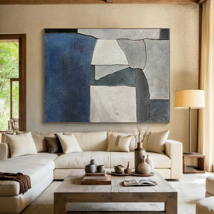Handmade Art Gray & Blue Geometric Abstract, Minimalist Canvas Art HS434