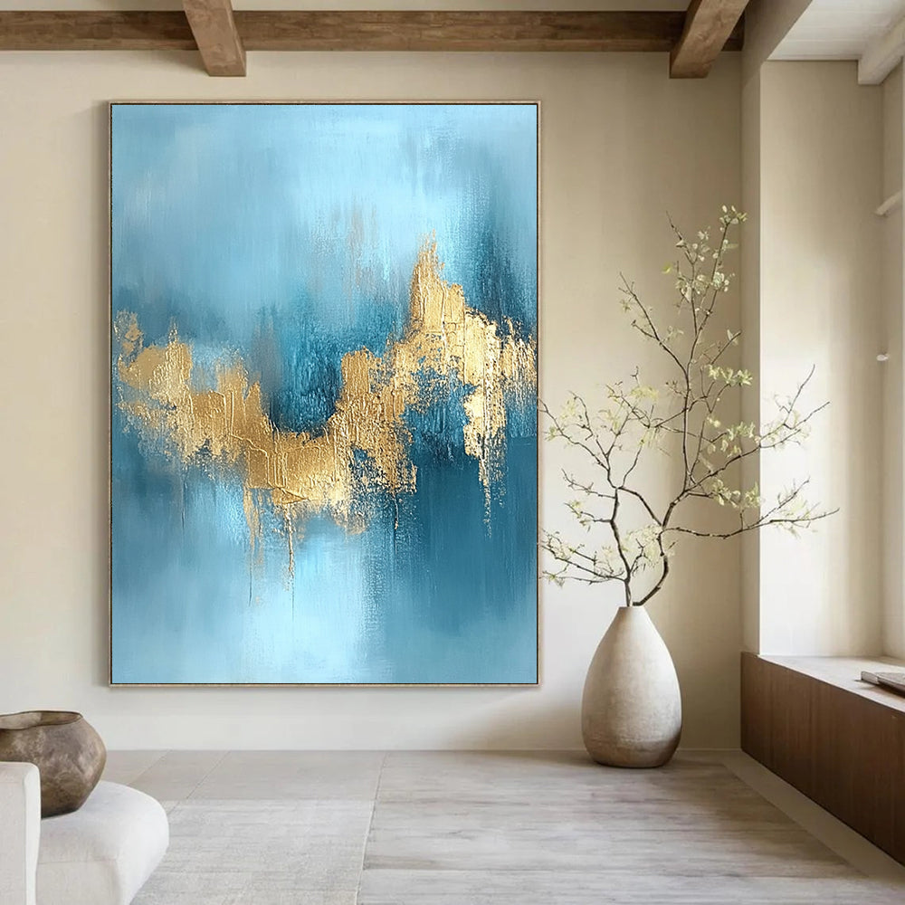 Blue, Gold Abstract Textured Art For Living Room and Bedroom WS433