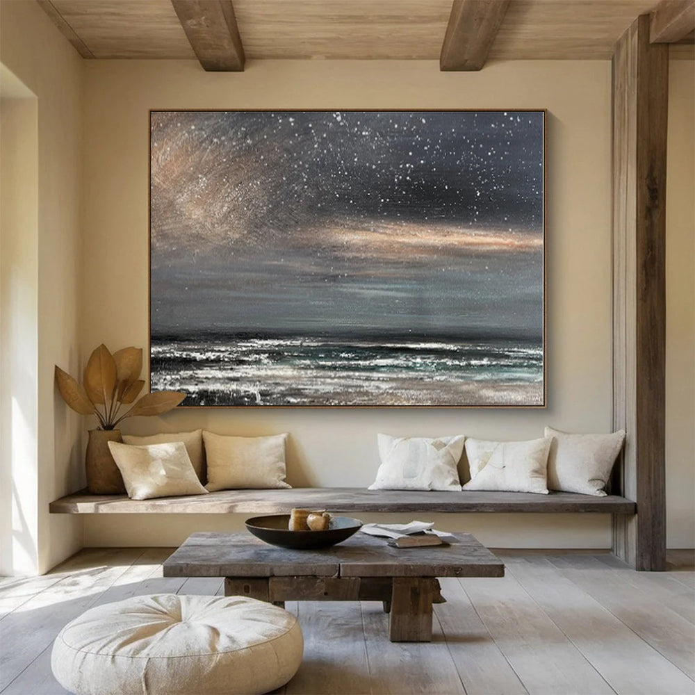 Gray, Black Abstract Starry Seascape Acrylic Painting WB035