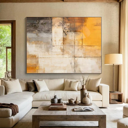 Large Painting In Living Room Orange, Beige, and Gray Textured Abstract Art HS670