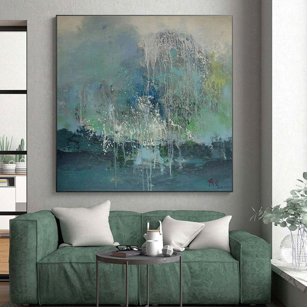 Hand-Painted Acrylic Modern Art Paintings with Teal, Blue, Green, White Dripping Textures - Large Painting In Living Room HS537