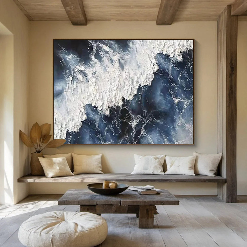 Oversized Canvas Art in Dark Blue and White Abstract Wave Style WB225