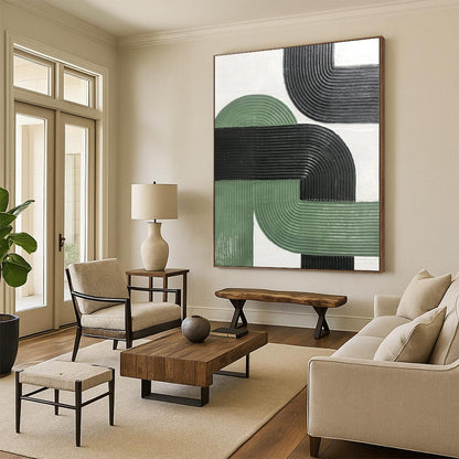Hand-Painted Green, Black, and White Abstract Curved Line Textured Painting For Sale HS033