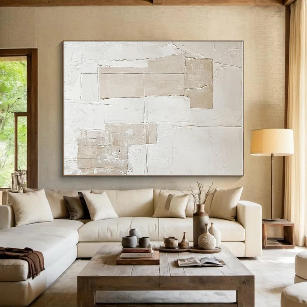 Large Contemporary Wall Art Beige and White Textured Abstract Art HS745
