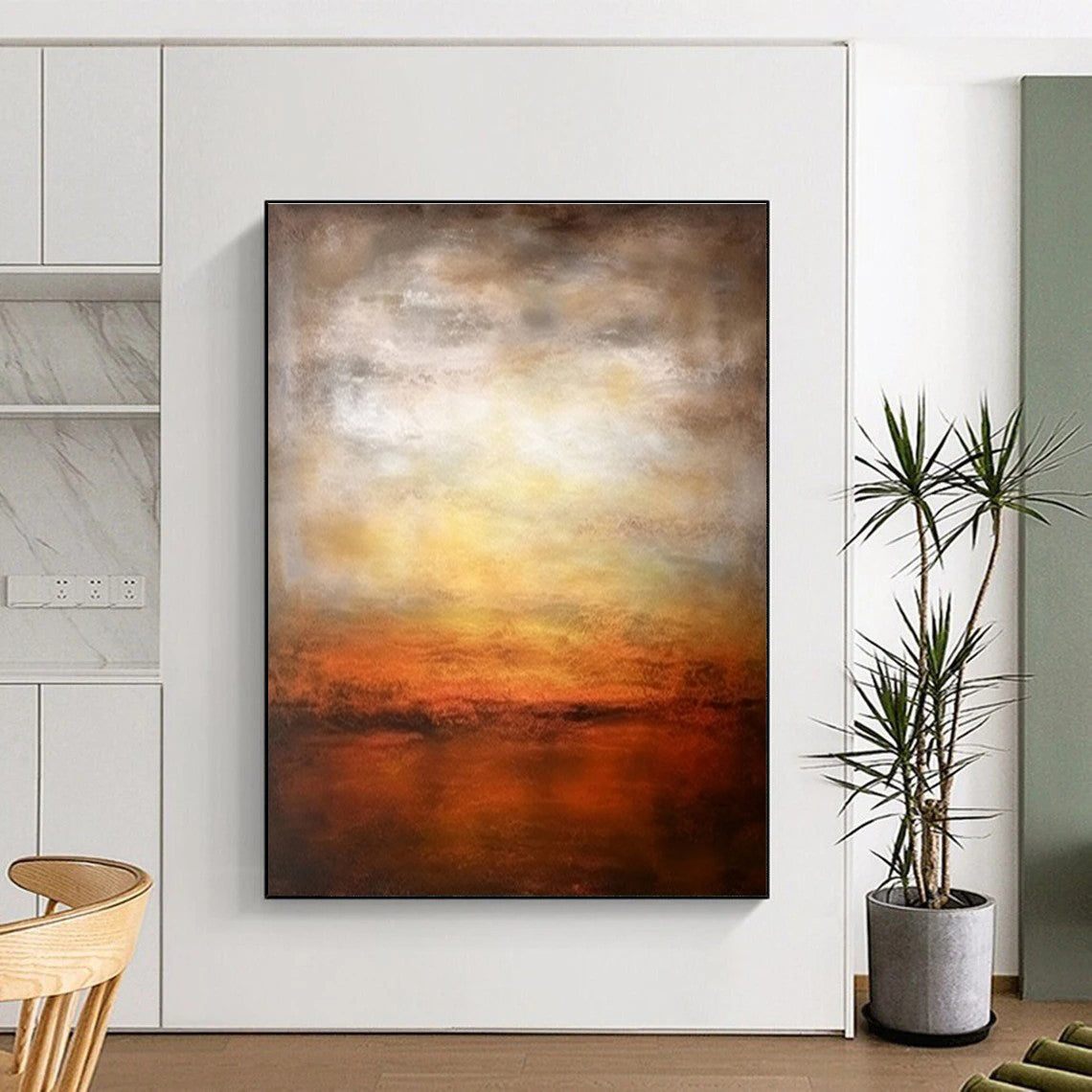 Hand Painted Art Orange, Yellow & Brown Abstract Sunset Landscape Art HS383