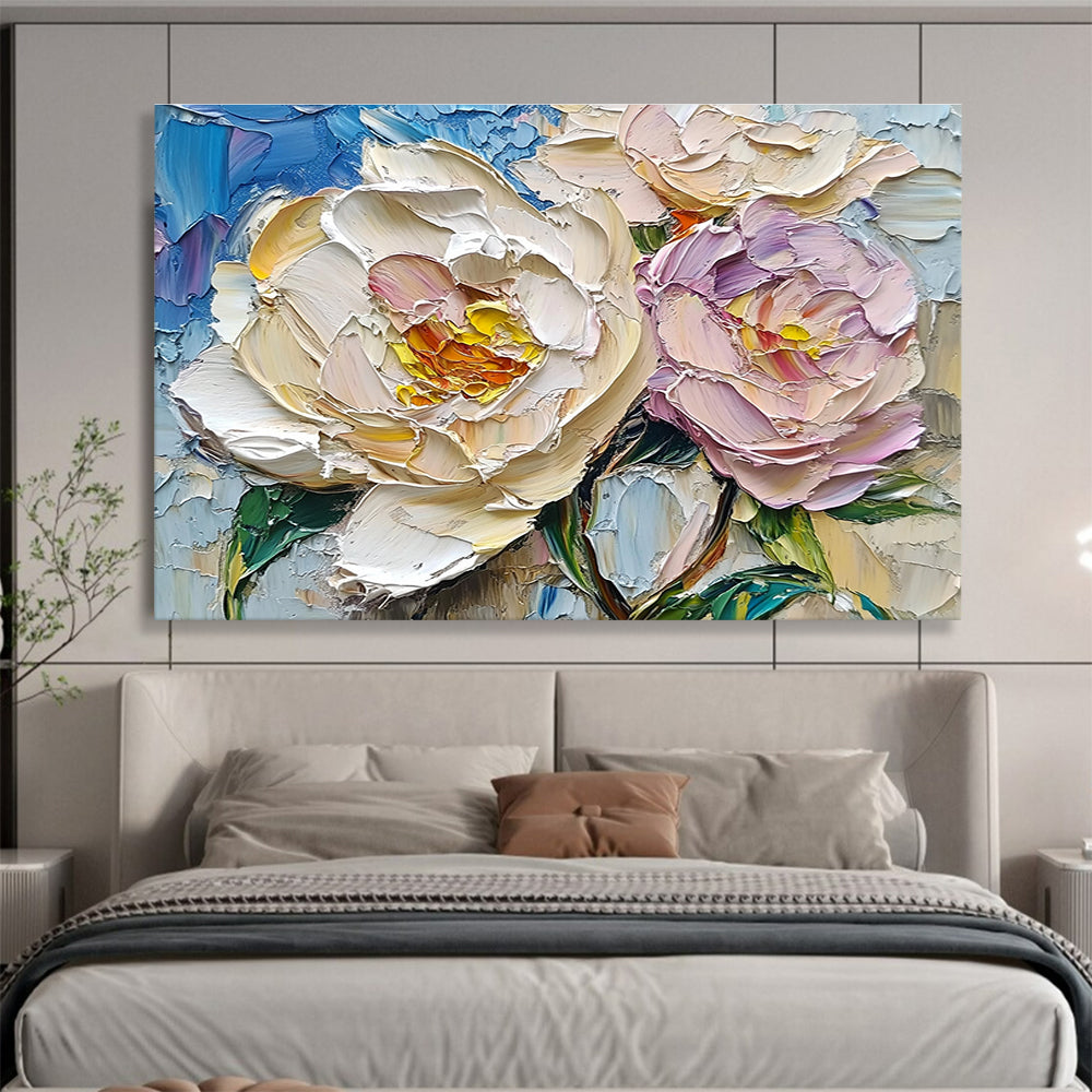 Hand Paintings with Cream, Pink and Blue Colors, Peony Flower Theme Abstract Art WB322