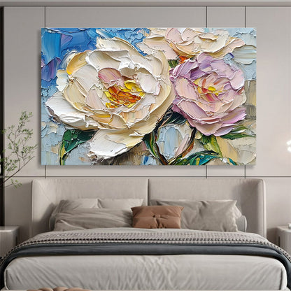 Hand Paintings with Cream, Pink and Blue Colors, Peony Flower Theme Abstract Art WB322