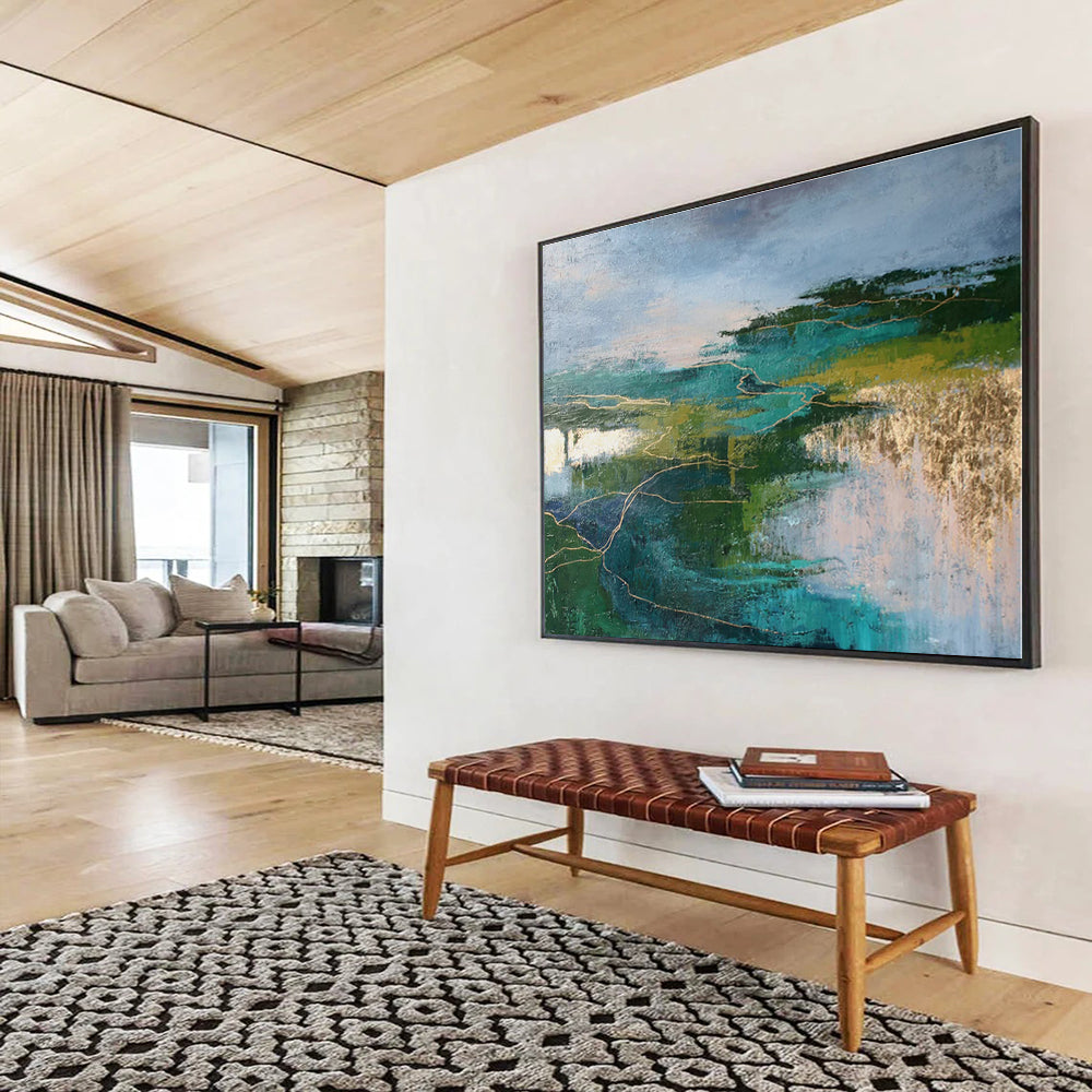 Green, Teal, Gold Abstract Landscape Painting – Textured Acrylic Art WB043