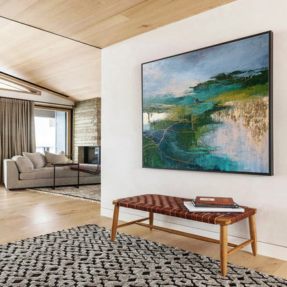 Green, Teal, Gold Abstract Landscape Painting – Textured Acrylic Art WB043