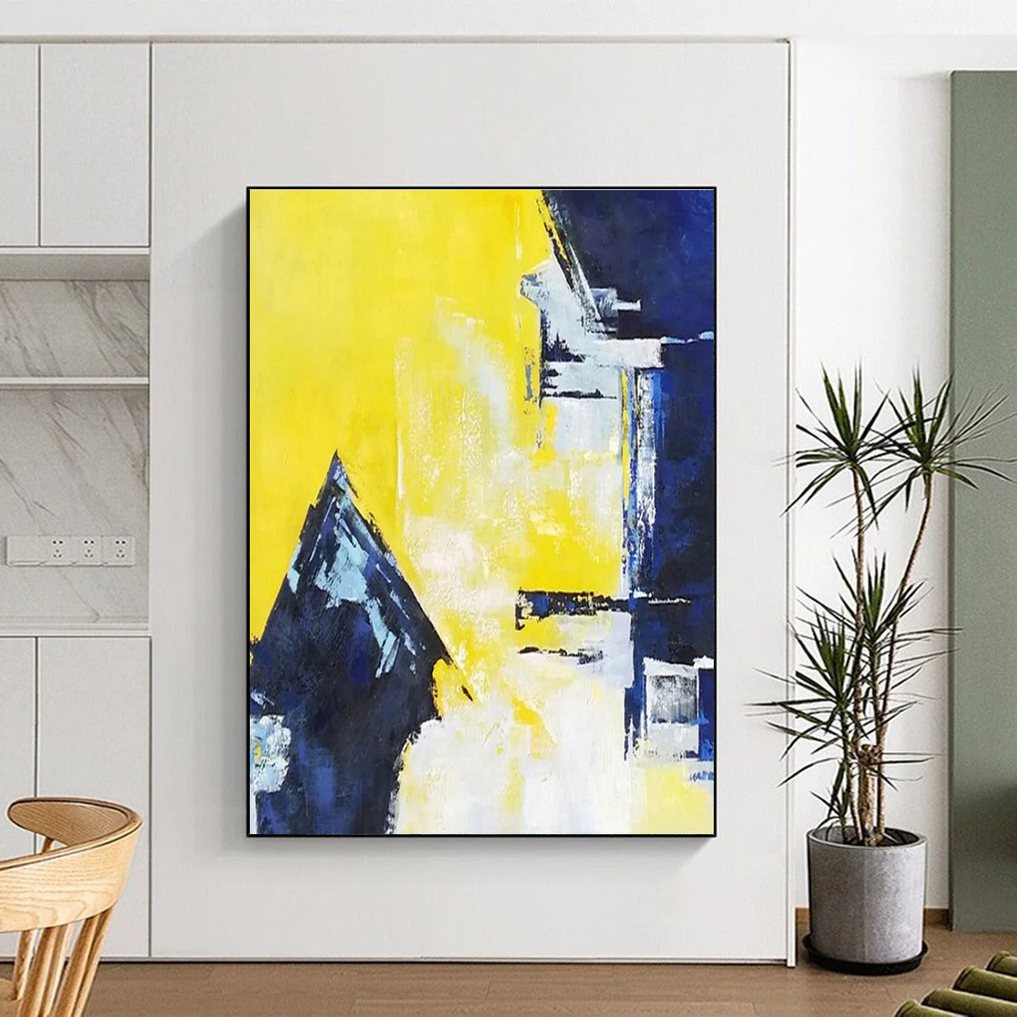 Cool Abstract Paintings Yellow, Blue, and White Geometric Abstract Painting On Canvas HS803