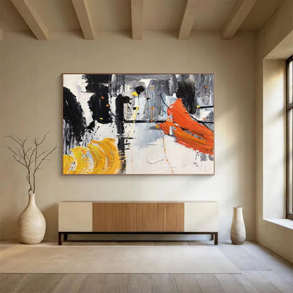 Large Size Black, White, Orange and Yellow Abstract Expressionist Painting WB061