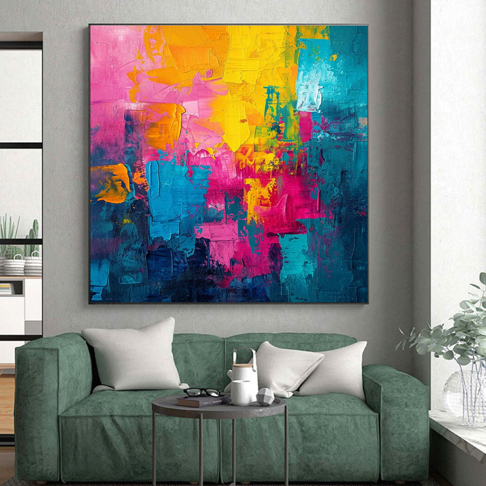 Unique Abstract Art Pink, Yellow & Teal Colorful Blocks, Acrylic Modern Art Painting HS224