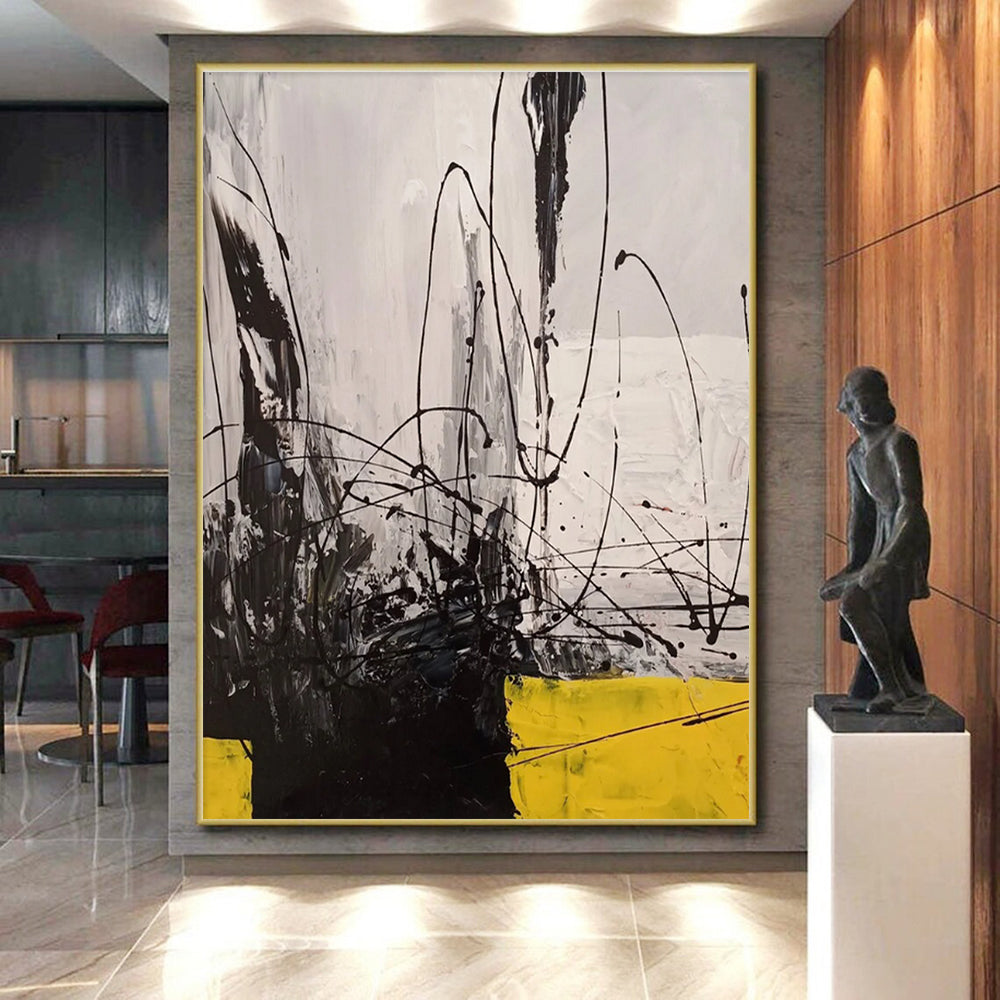 Hand-Painted Black, White & Yellow Gestural Abstract, Acrylic Modern Art Painting HS221
