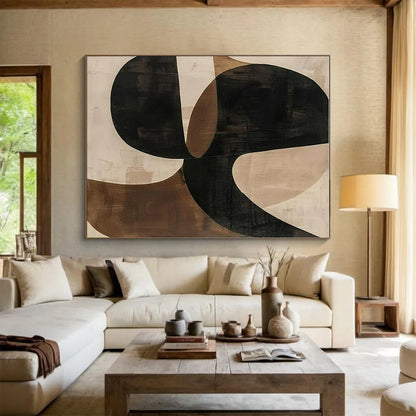 Hand Painted Art Black, Brown, and Beige Geometric Abstract Composition HS600