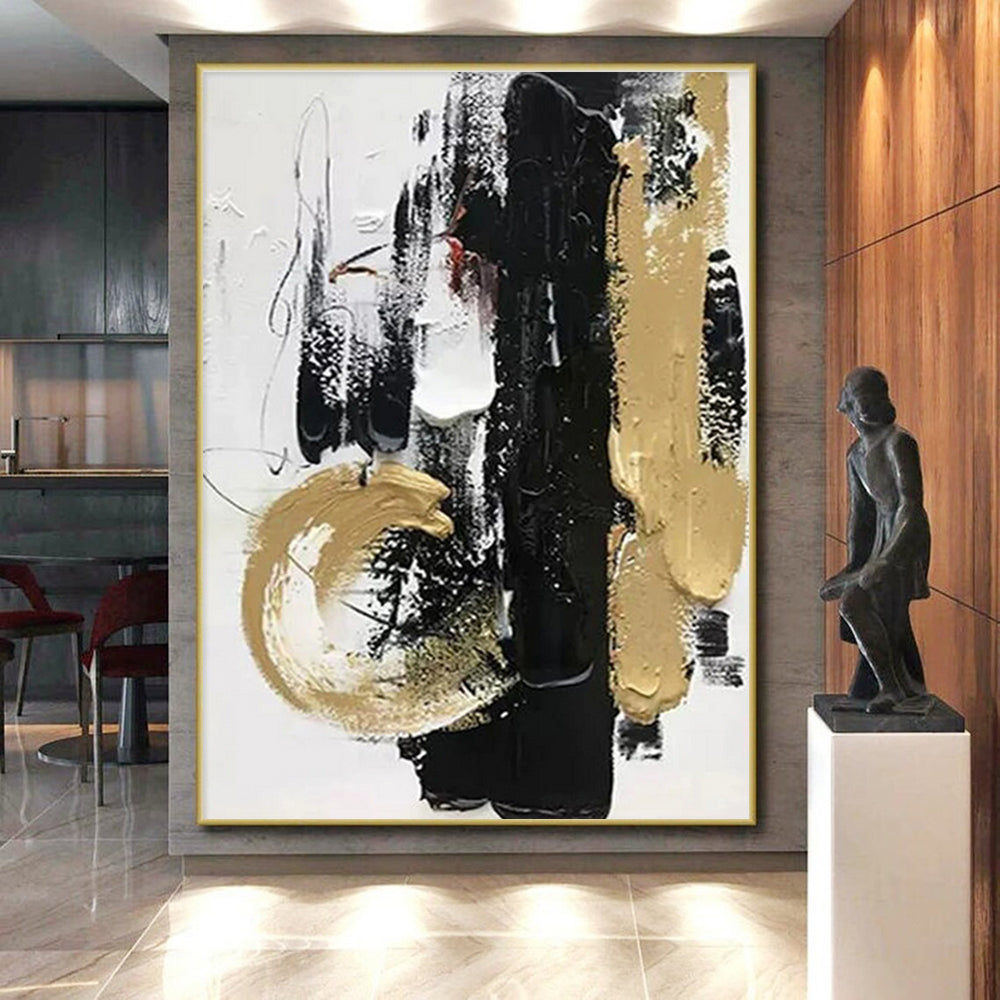 Acrylic Modern Art Paintings Black, Gold & White Textured Abstract Art HS377
