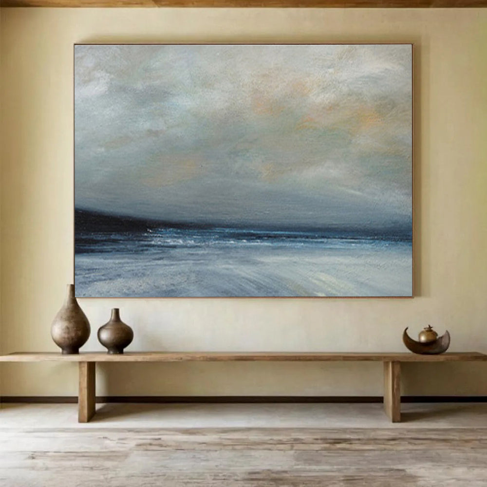 Horizontal Gray, Blue, and White Abstract Stormy Sea Scene, Abstract Oil Painting WB180