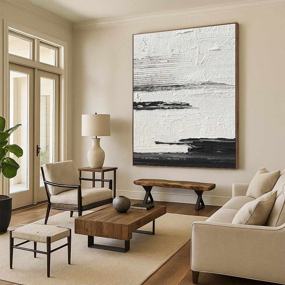 Minimalist Canvas Art Black & White Textured Abstract, Handmade Art HS268