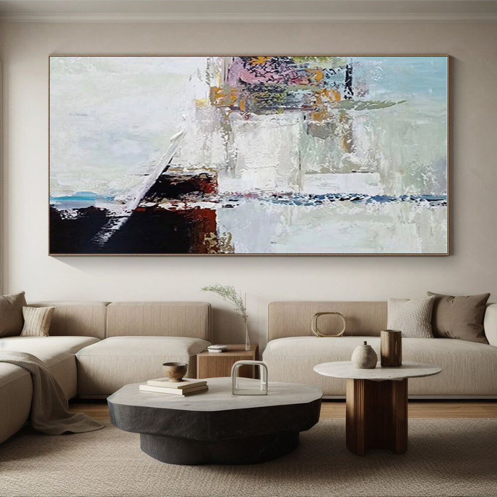 Unique Abstract Art White, Black & Pastel Multilayered, Acrylic Modern Art Painting HS214