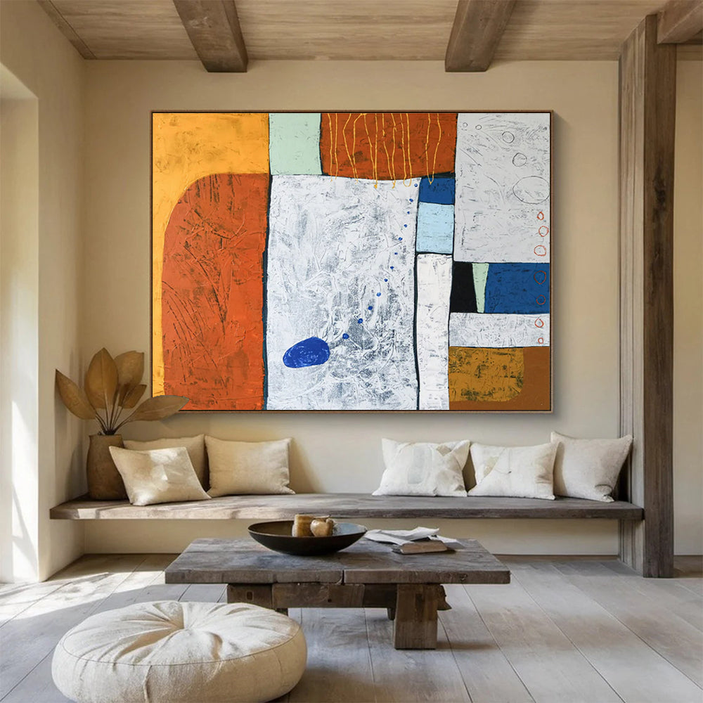 Orange, Blue, White Abstract Geometric Art For Sale WB414