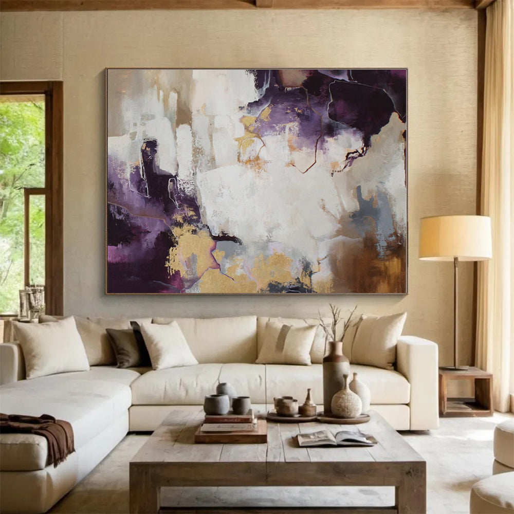 Purple, White, Gold Abstract Painting – Dynamic Acrylic Art WB045