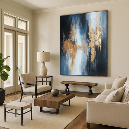 Large Size Blue, Black, and Gold Abstract Textured Painting For Sale HS115