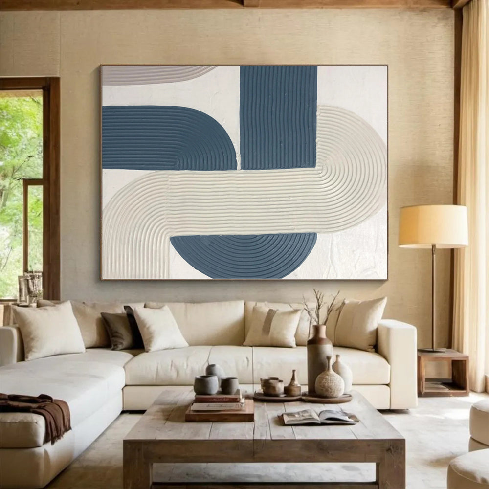 Hand-Painted Blue and Beige Abstract Curved Line Textured Painting For Sale HS029