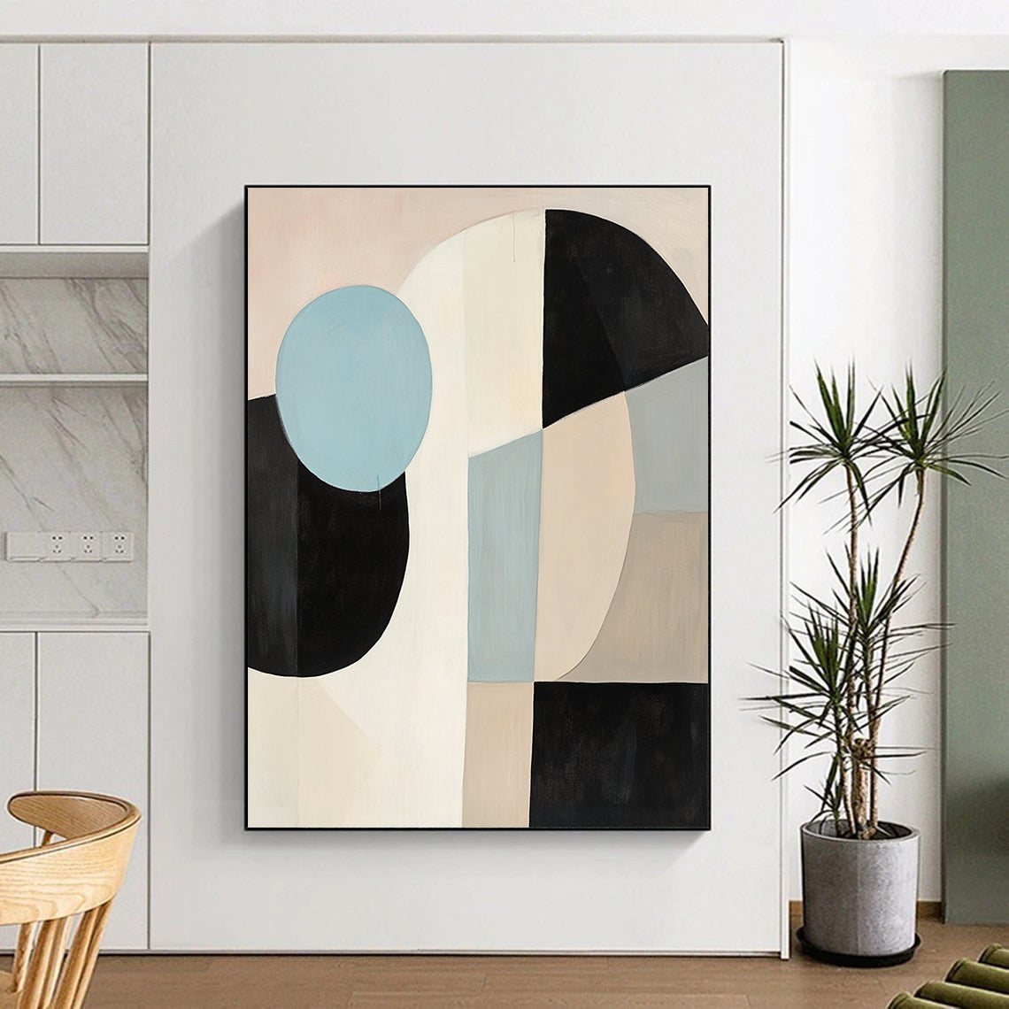 Handmade Art Beige, Black, and Blue Abstract Geometric Painting For Sale HS167