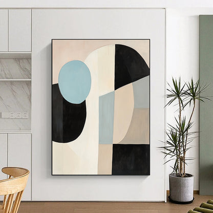 Handmade Art Beige, Black, and Blue Abstract Geometric Painting For Sale HS167