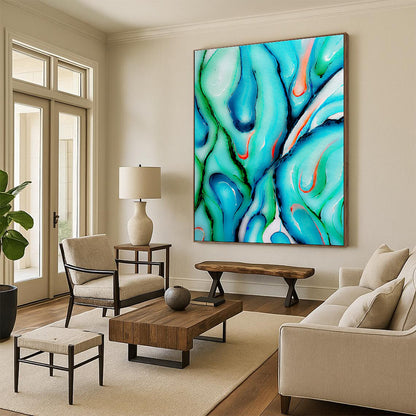 Unique Abstract Art Teal, Green, and Orange Fluid Abstract Art HS724