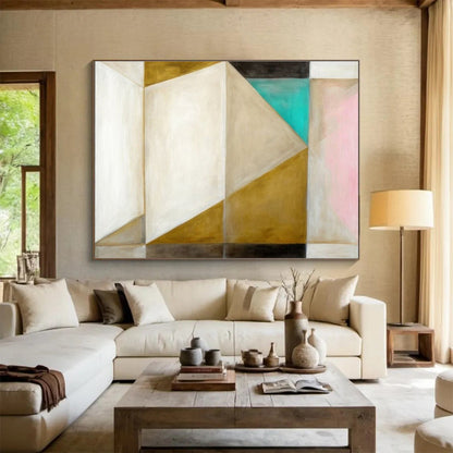 Hand Painted Art: Neutral Gold Teal and Pink Geometric Abstract Painting WB348