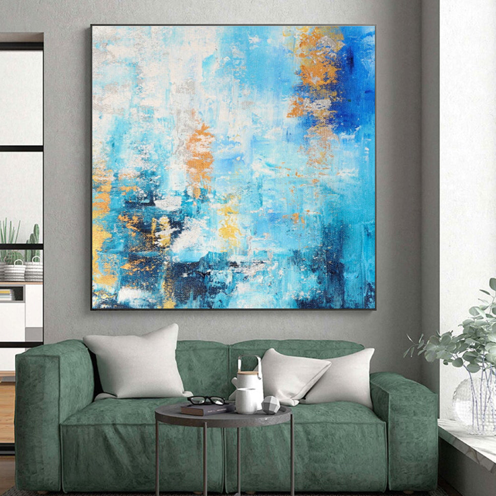 Hand-Painted Blue, Gold & White Textured Abstract, Acrylic Modern Art Painting HS281