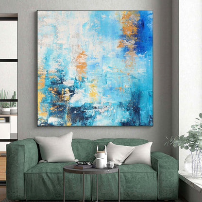 Hand-Painted Blue, Gold & White Textured Abstract, Acrylic Modern Art Painting HS281