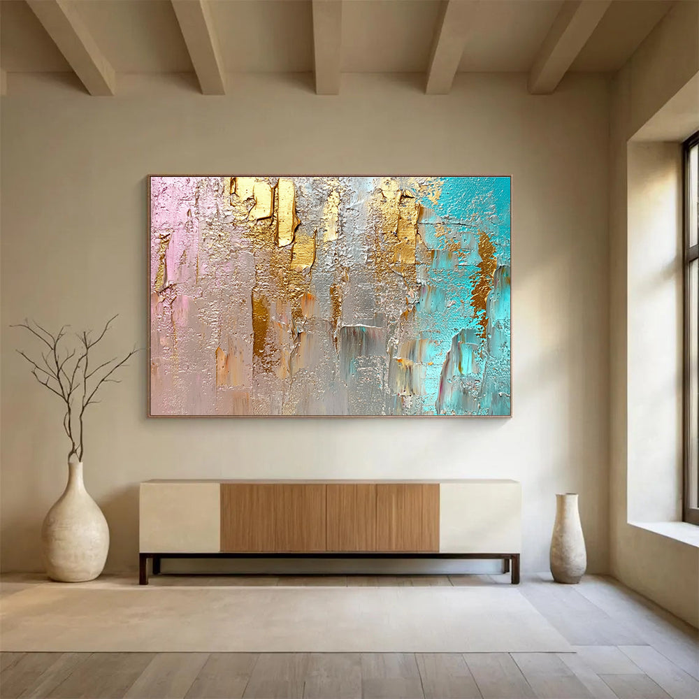 Big Size Gold, Silver, Teal, and Pink Abstract Textured Art - Acrylic Painting WB276