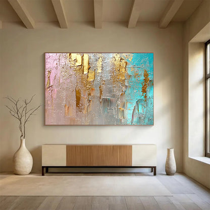 Big Size Gold, Silver, Teal, and Pink Abstract Textured Art - Acrylic Painting WB276