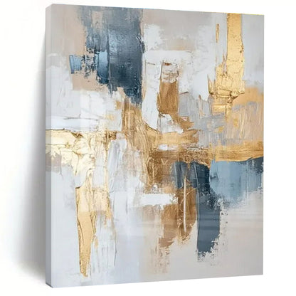 Large Contemporary Wall Art Gold, Blue, and White Textured Abstract Art HS739