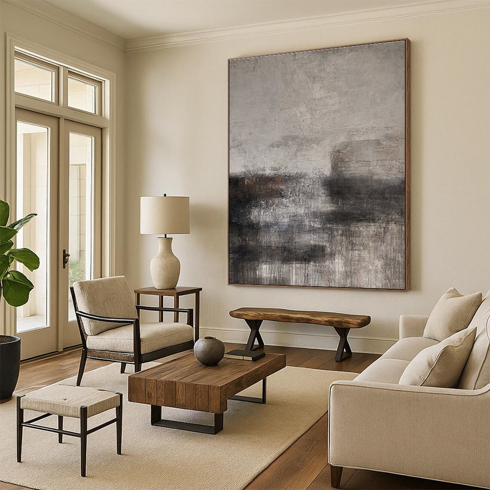 Unique Abstract Art Gray & Black Textured Abstract, Large Contemporary Wall Art HS309