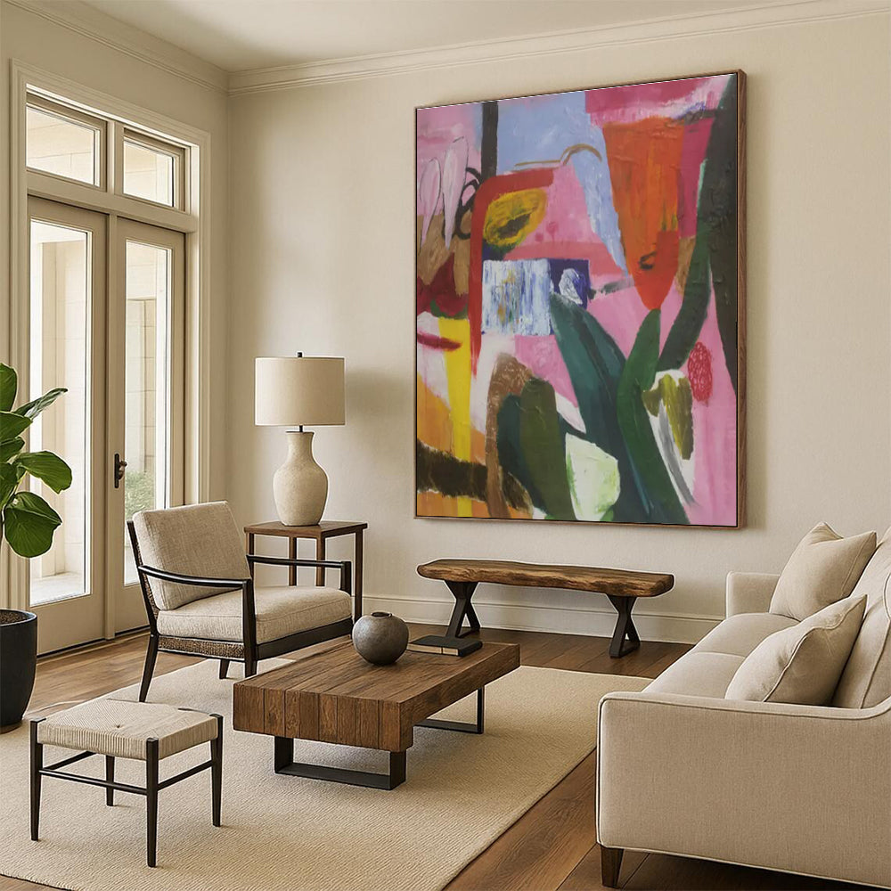 Cool Abstract Paintings Pink, Orange, and Green Dynamic Abstract Painting On Canvas HS775