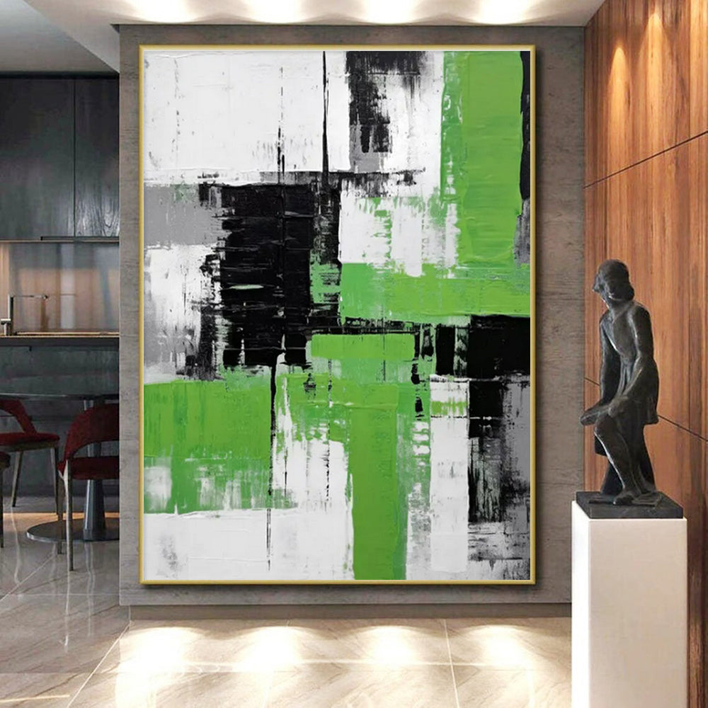 Acrylic Modern Art Paintings Green, Black, and White Geometric Abstract Painting On Canvas HS796