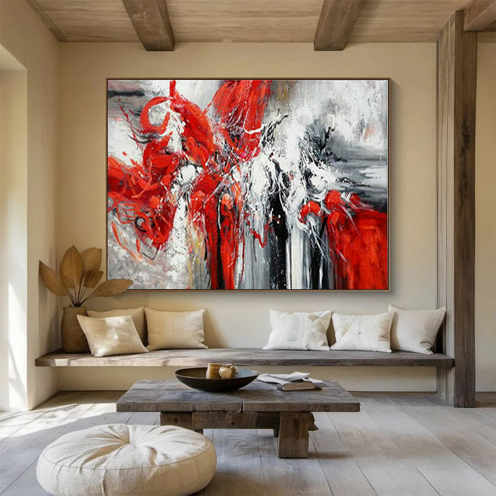 Modern Art Abstract Paintings with Red, White, Black and Gray Colors, Energetic Abstract Theme WB330