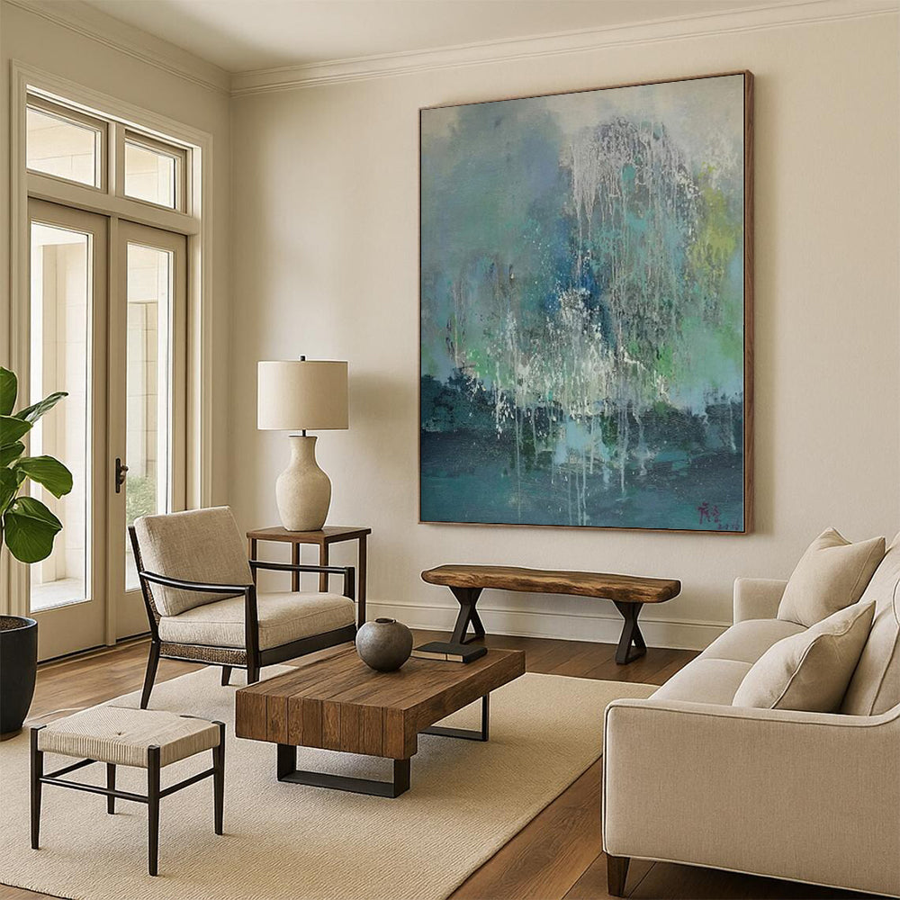 Hand-Painted Blue, Green, and White Abstract Dripping Painting For Sale HS044