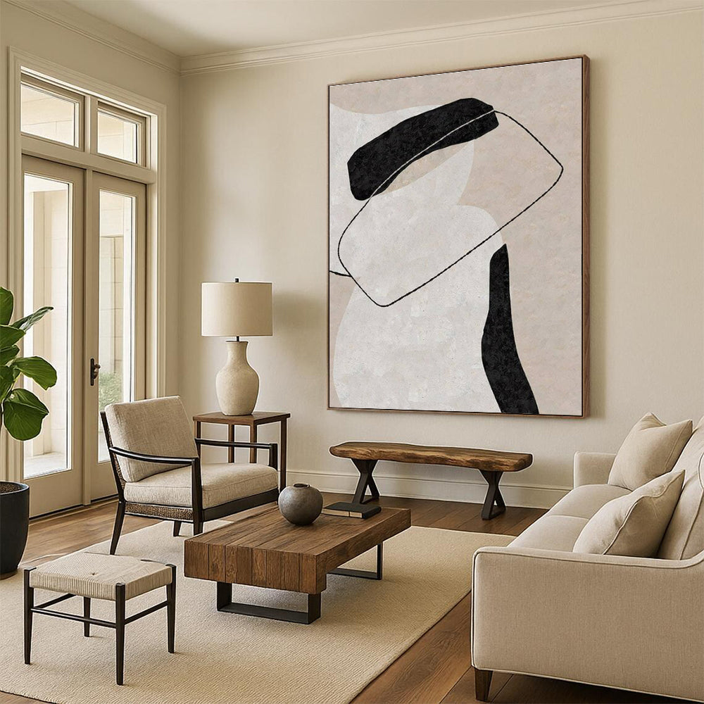 Minimalist Canvas Art Black, Beige, and White Organic Abstract Art HS701
