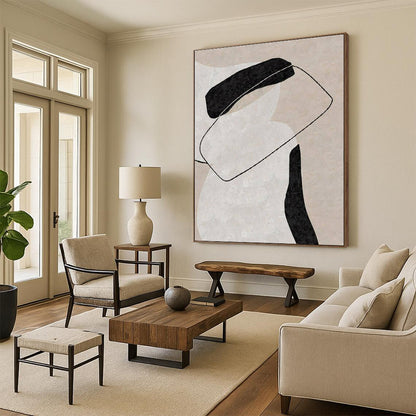 Minimalist Canvas Art Black, Beige, and White Organic Abstract Art HS701