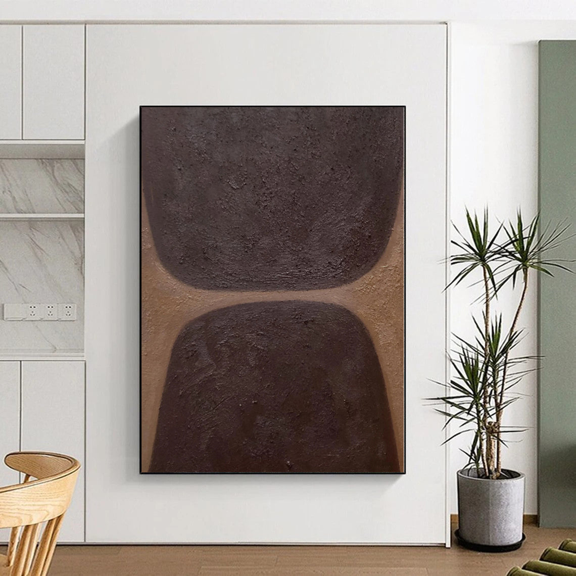 Hand-Painted Brown and Dark Brown Abstract Shape Painting For Sale HS032